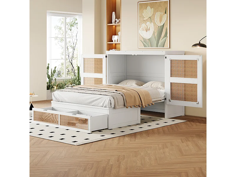 Lit escamotable pour jeunes - 140 x 200 cm - lit rabattable mural avec tiroirs de rangement - Pin + contreplaqué + MDF - blanc