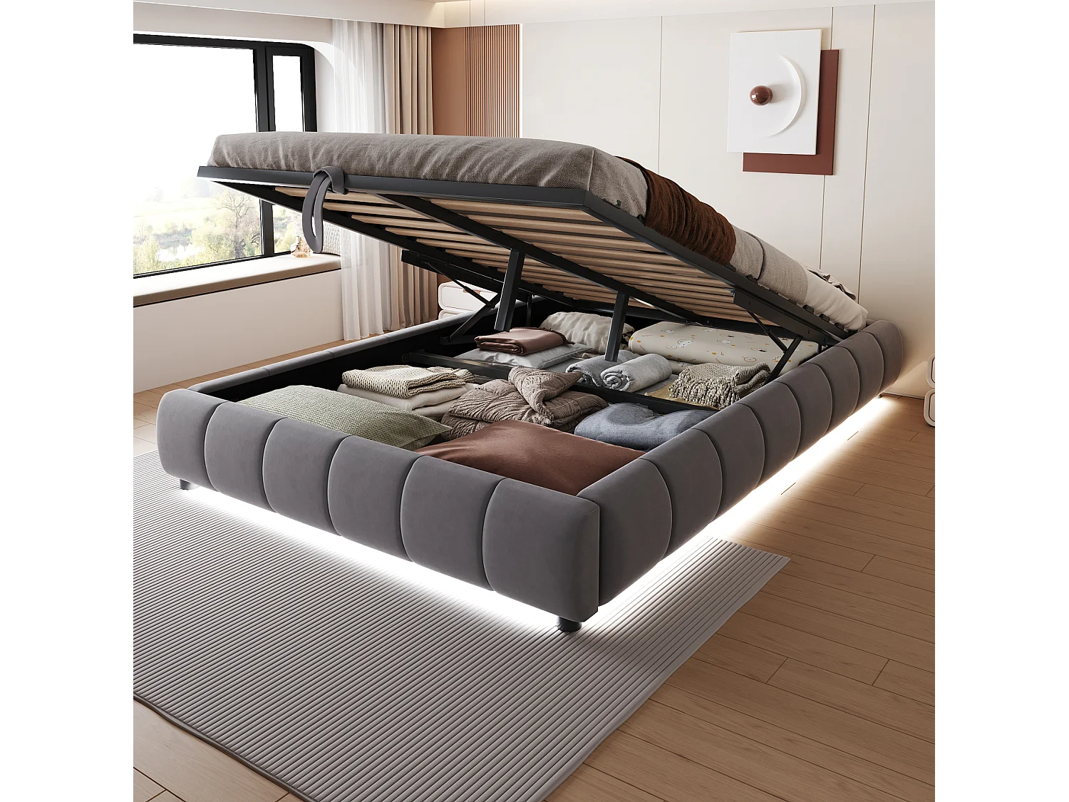 Lit coffre rembourré - 140 x 200 cm - sans tête de lit - avec Leds - velours + contreplaqué + MDF - gris