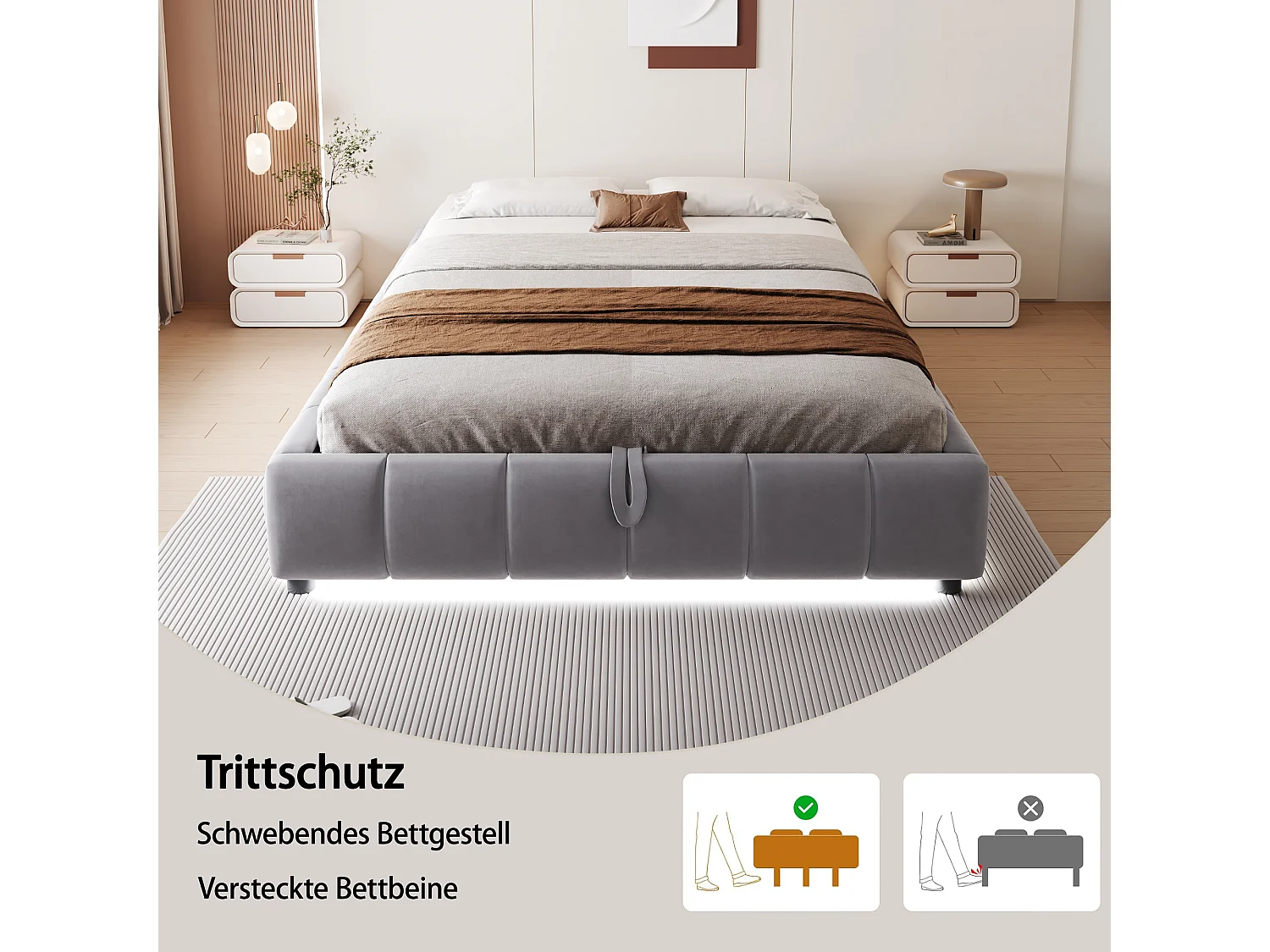 Lit coffre rembourré - 140 x 200 cm - sans tête de lit - avec Leds - velours + contreplaqué + MDF - gris