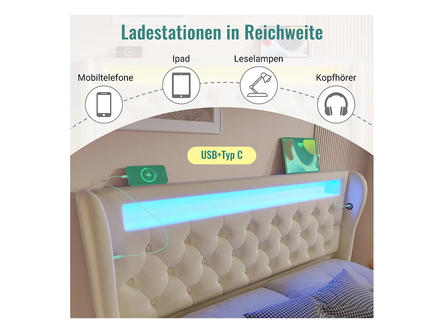 Letto contenitore imbottito - 140 x 200 cm - con LED - testiera contenitore e USB - velluto - beige
