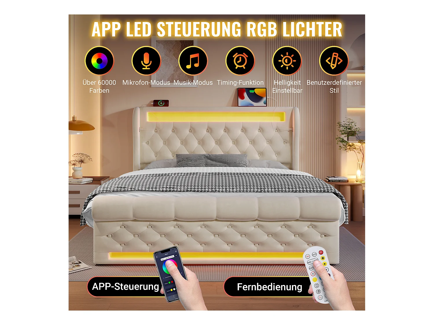 Letto contenitore imbottito - 140 x 200 cm - con LED - testiera contenitore e USB - velluto - beige