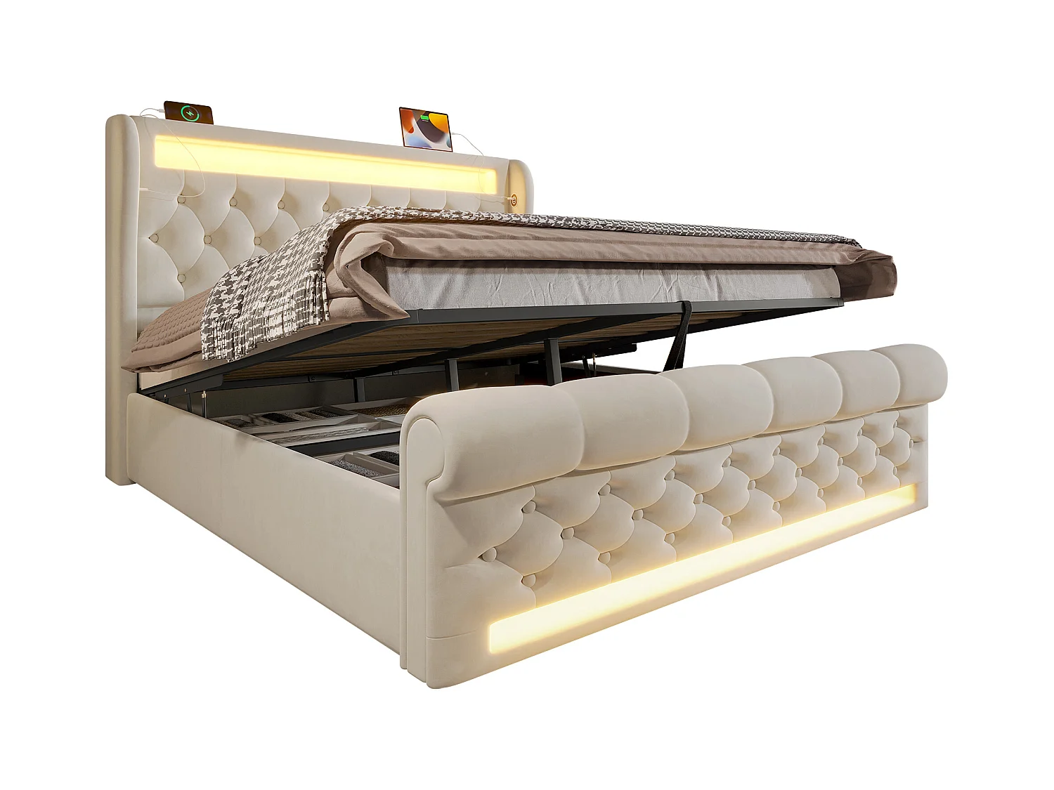 Letto contenitore imbottito - 140 x 200 cm - con LED - testiera contenitore e USB - velluto - beige