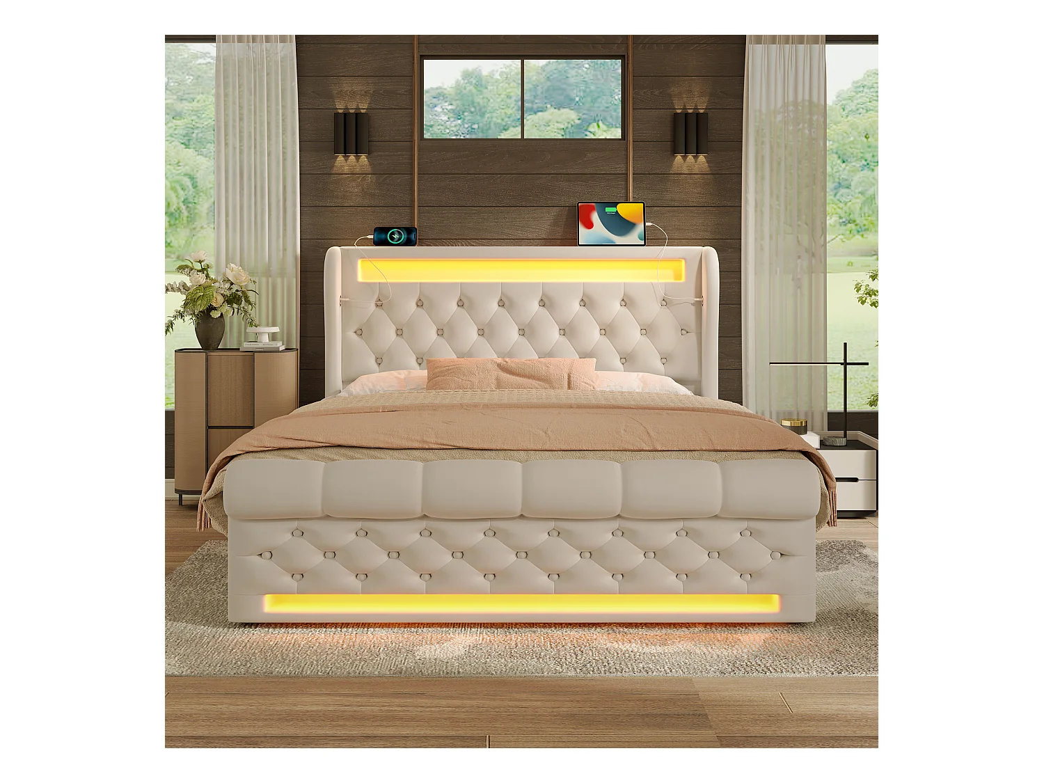 Letto contenitore imbottito - 140 x 200 cm - con LED - testiera contenitore e USB - velluto - beige