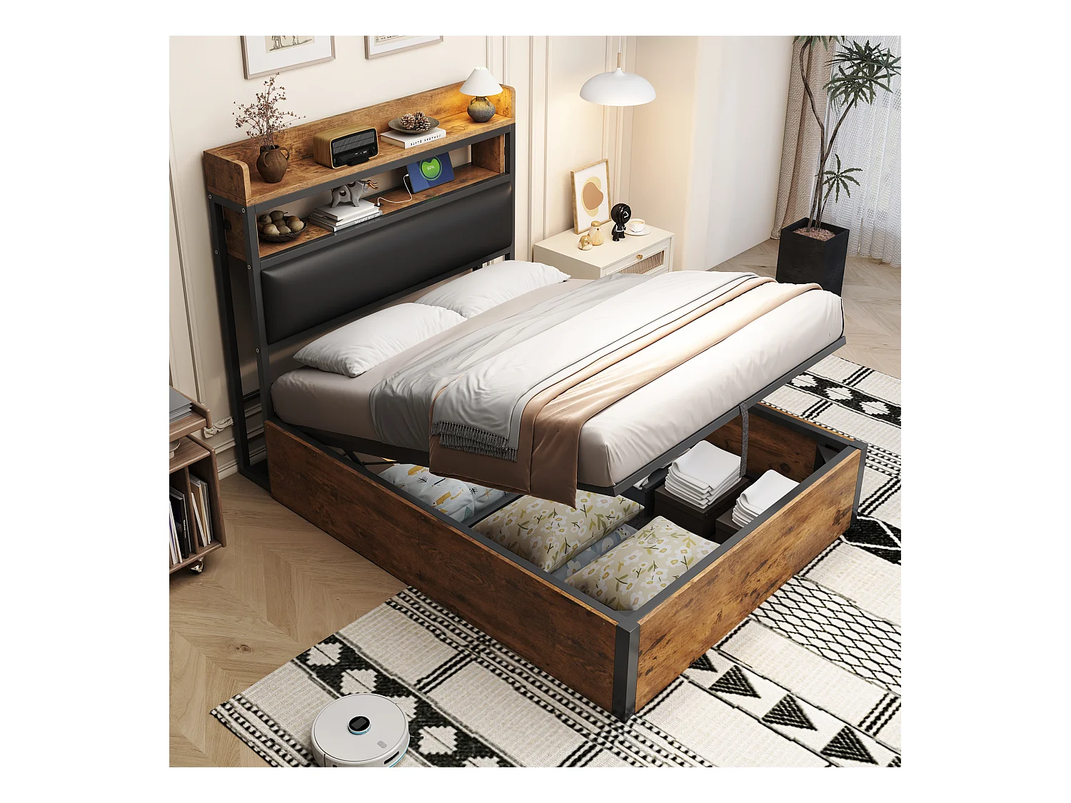 Vintage opbergbed - 90 x 200 - met USB + gestoffeerd hoofdbord met opbergruimte - Metaal + stof + MDF - zwart