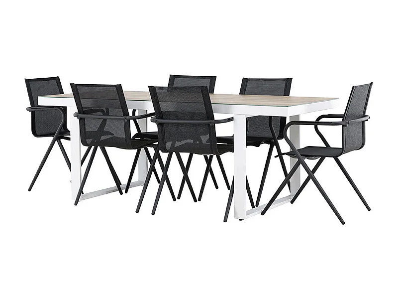 Merlo set de jardin table 90x200cm blanc, 6 chaises noires.