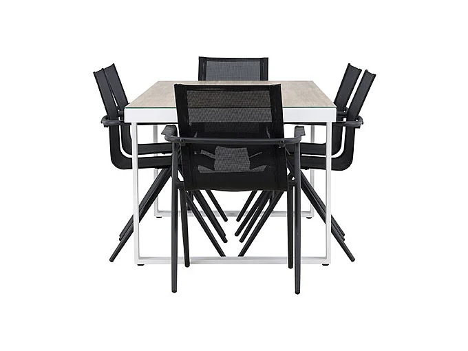 Merlo tuinmeubelset tafel 90x200cm wit, 6 stoelen zwart.