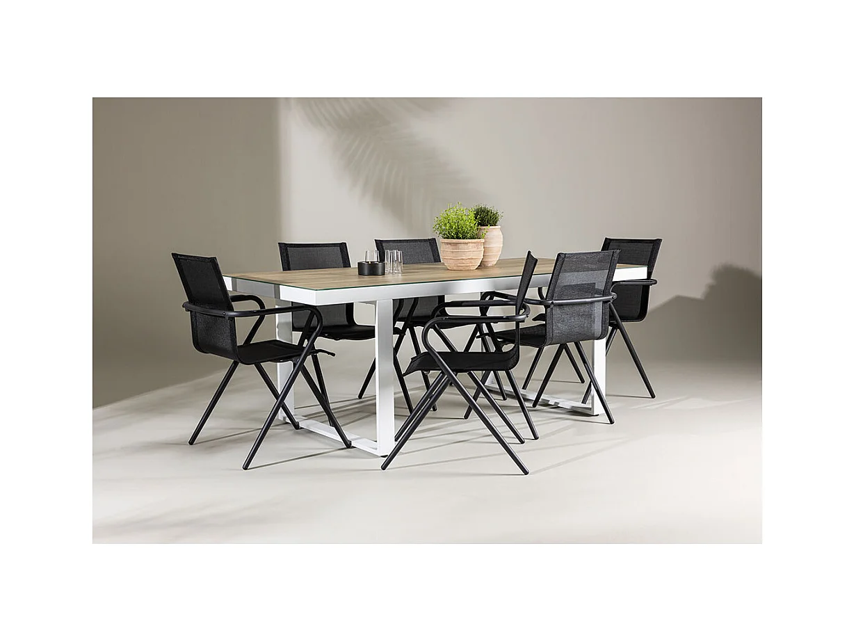Merlo tuinmeubelset tafel 90x200cm wit, 6 stoelen zwart.