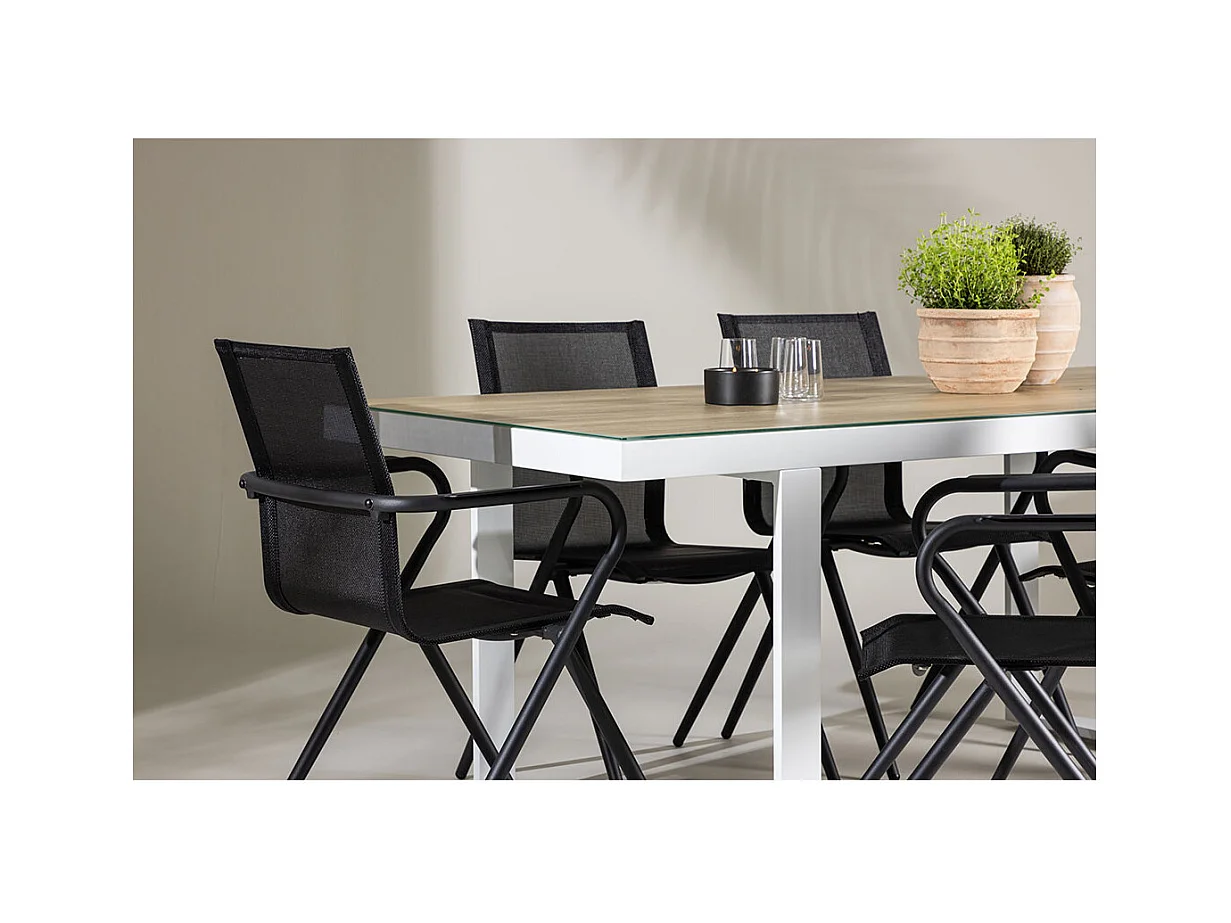 Merlo tuinmeubelset tafel 90x200cm wit, 6 stoelen zwart.