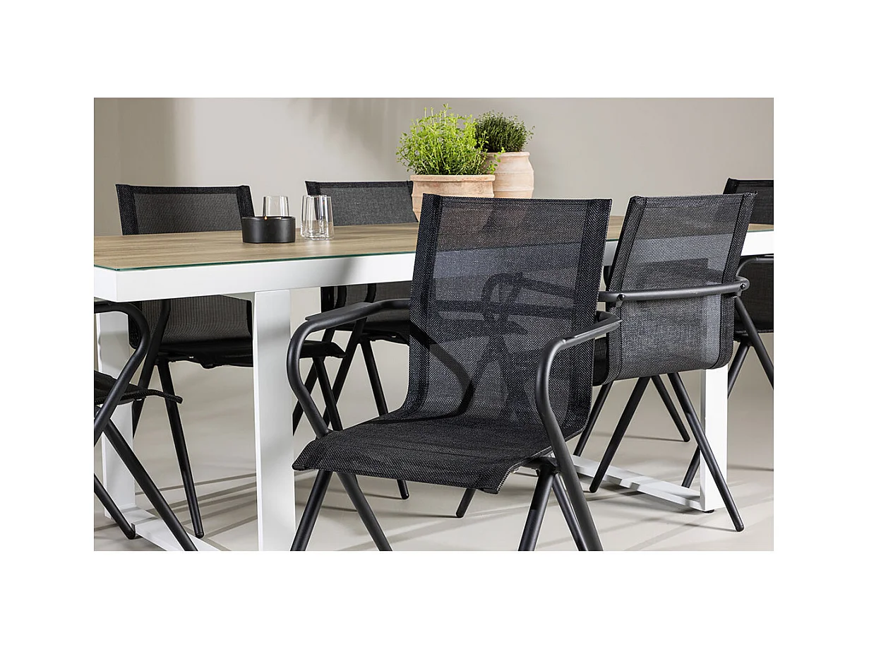 Merlo tuinmeubelset tafel 90x200cm wit, 6 stoelen zwart.