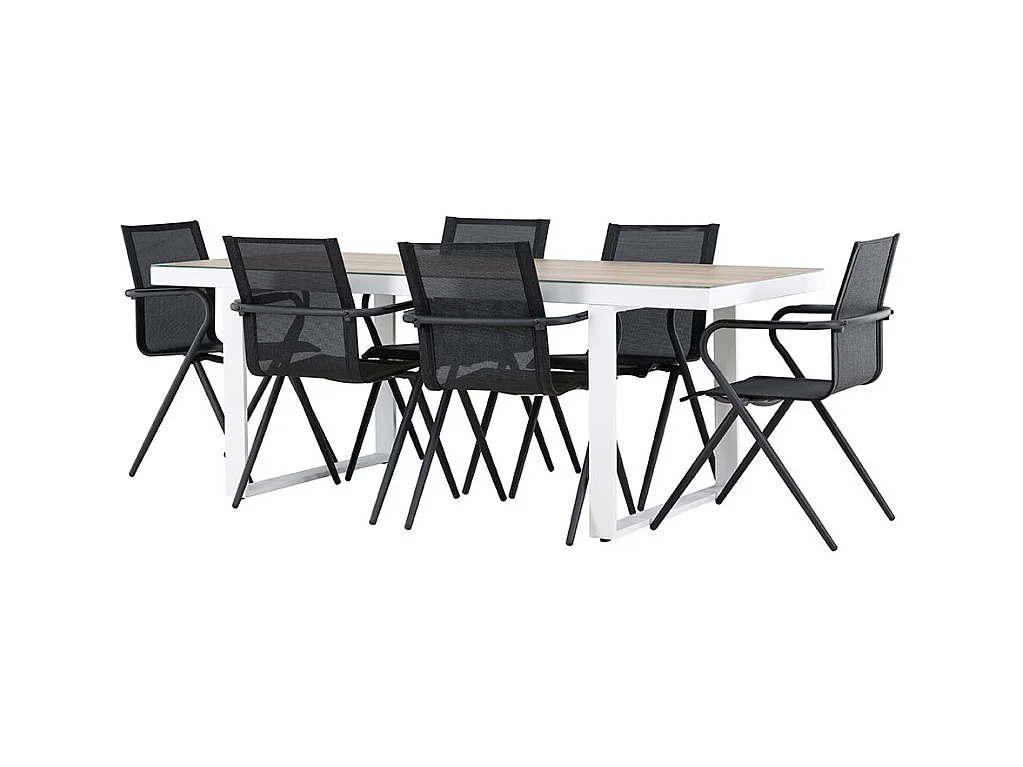 Merlo set de jardin table 90x200cm blanc, 6 chaises noires.