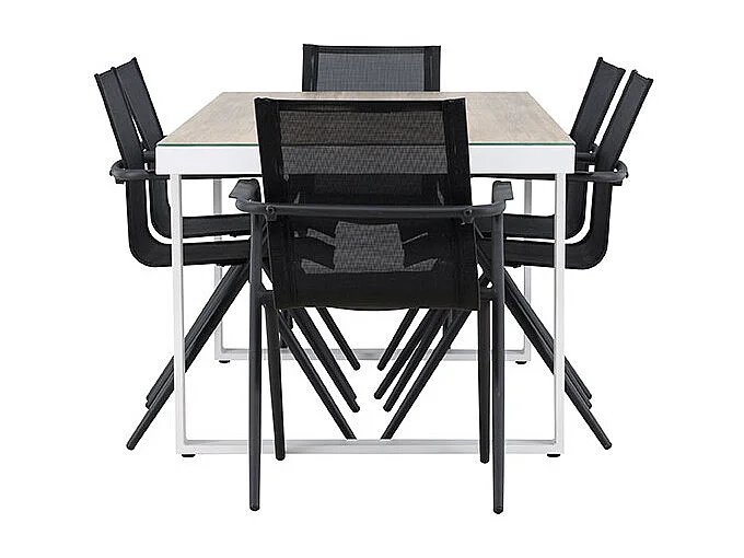 Merlo set de jardin table 90x200cm blanc, 6 chaises noires.