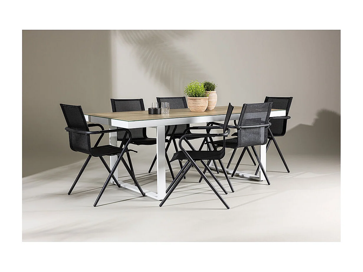 Merlo set de jardin table 90x200cm blanc, 6 chaises noires.