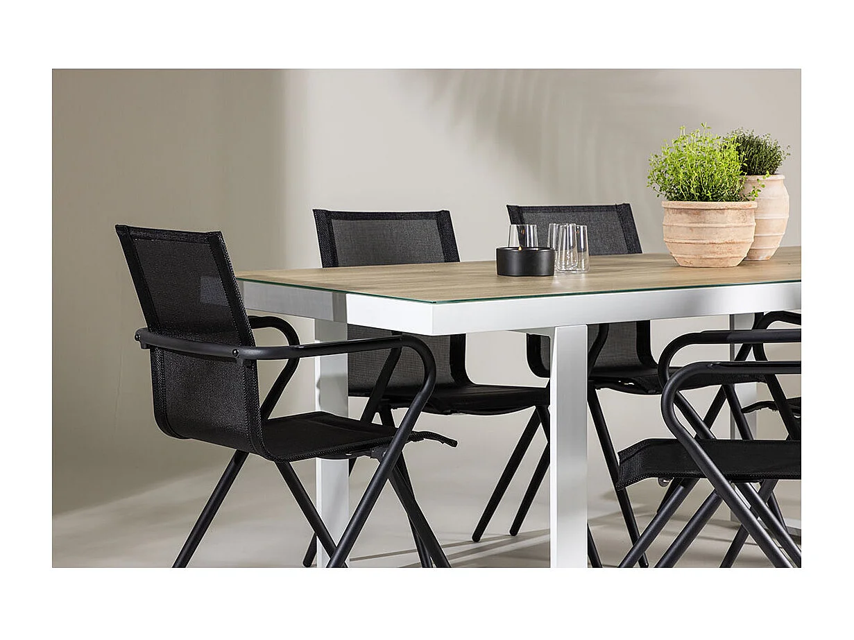 Merlo set de jardin table 90x200cm blanc, 6 chaises noires.
