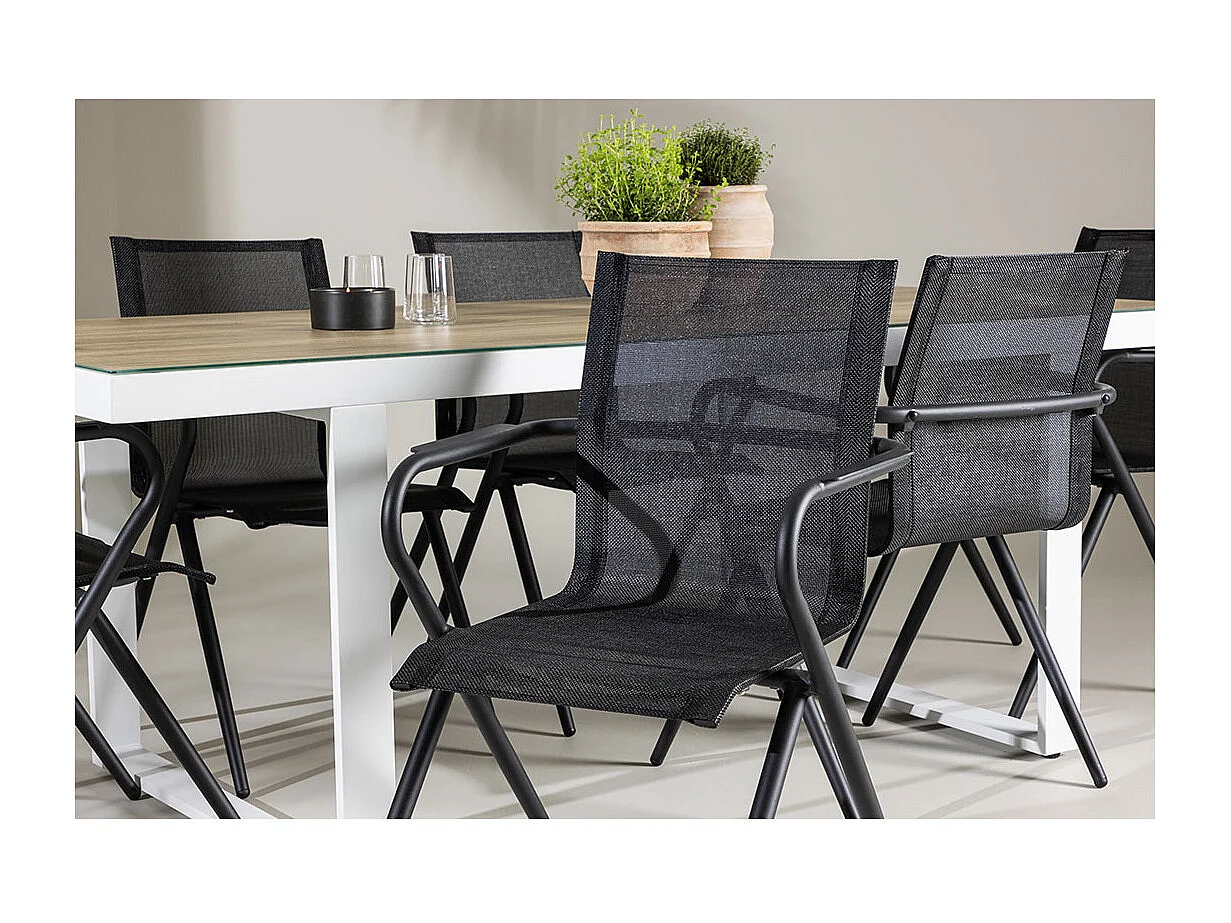 Merlo set de jardin table 90x200cm blanc, 6 chaises noires.
