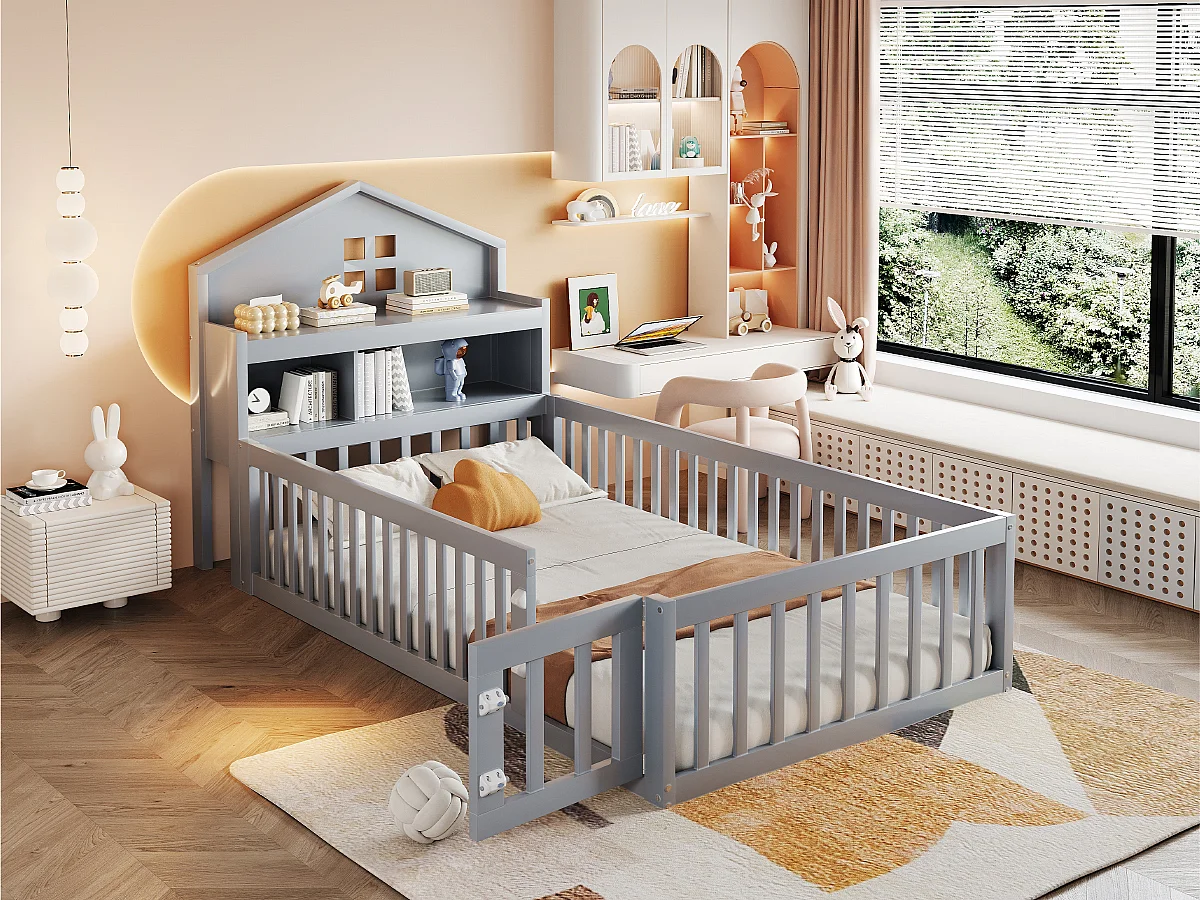 Kinderbed - 90 x 200 - met uitvalbeveiliging + opbergruimte + deur + schilderijlijst - Dennenhout + multiplex + MDF - grijs