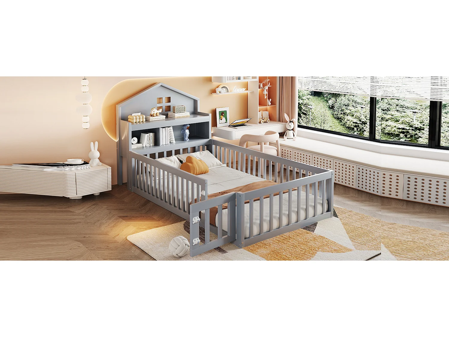 Kinderbed - 90 x 200 - met uitvalbeveiliging + opbergruimte + deur + schilderijlijst - Dennenhout + multiplex + MDF - grijs