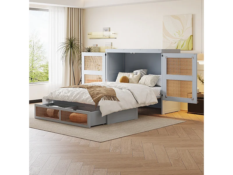 Lit escamotable pour jeunes - 140 x 200 cm - lit rabattable mural avec tiroirs de rangement - Pin + contreplaqué + MDF - gris