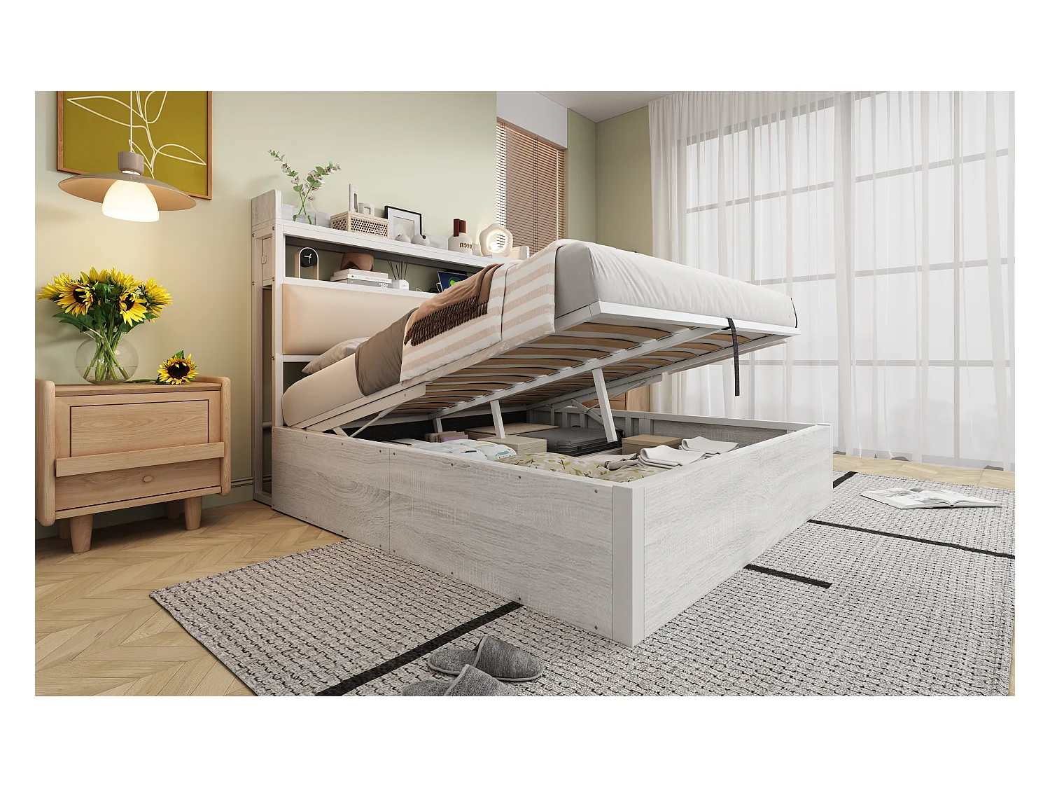 Lit coffre vintage - 140 x 200 - avec USB + tête de lit rembourrée avec rangement - Métal + tissu + MDF - blanc