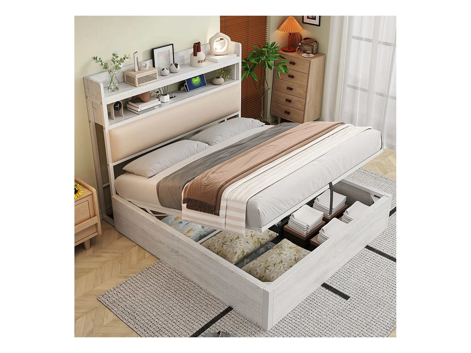 Vintage-Bett mit Stauraum – 140 x 200 – mit USB + gepolstertem Kopfteil mit Stauraum – Metall + Stoff + MDF – weiß