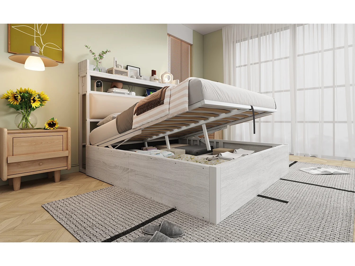 Vintage-Bett mit Stauraum – 140 x 200 – mit USB + gepolstertem Kopfteil mit Stauraum – Metall + Stoff + MDF – weiß