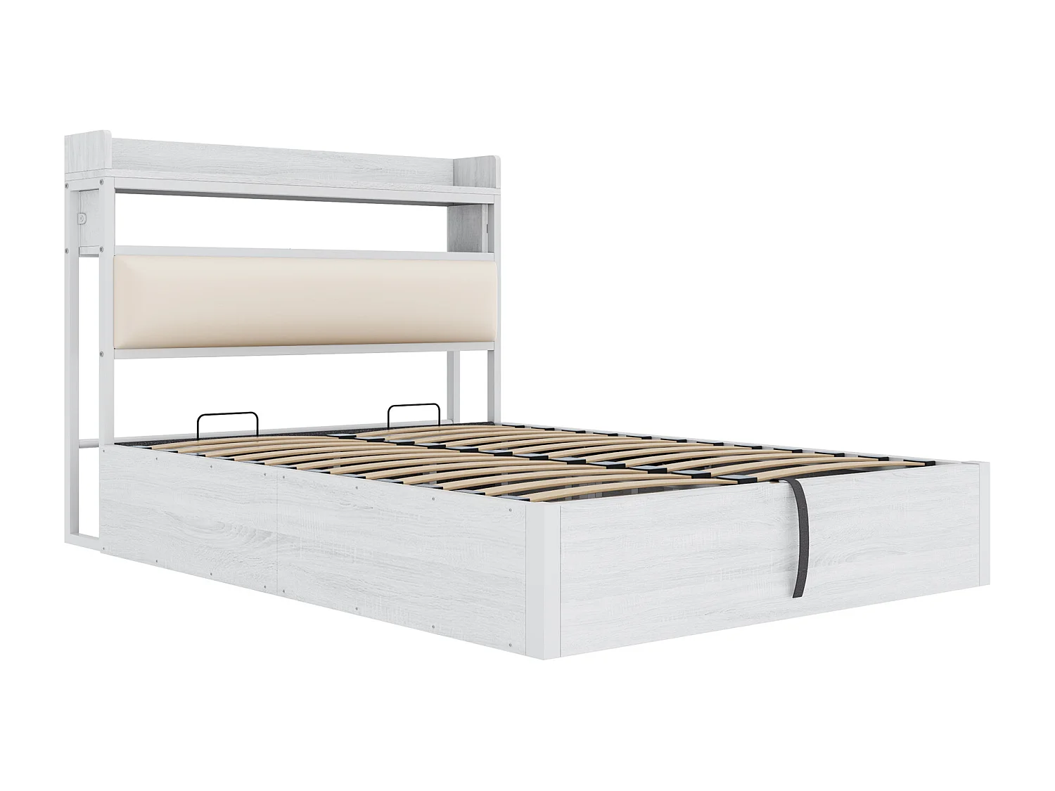 Vintage-Bett mit Stauraum – 140 x 200 – mit USB + gepolstertem Kopfteil mit Stauraum – Metall + Stoff + MDF – weiß