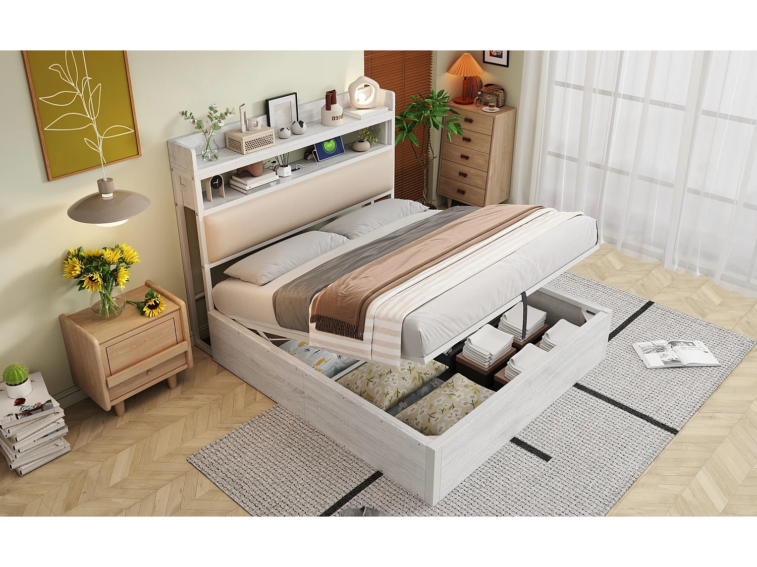 Vintage-Bett mit Stauraum – 140 x 200 – mit USB + gepolstertem Kopfteil mit Stauraum – Metall + Stoff + MDF – weiß