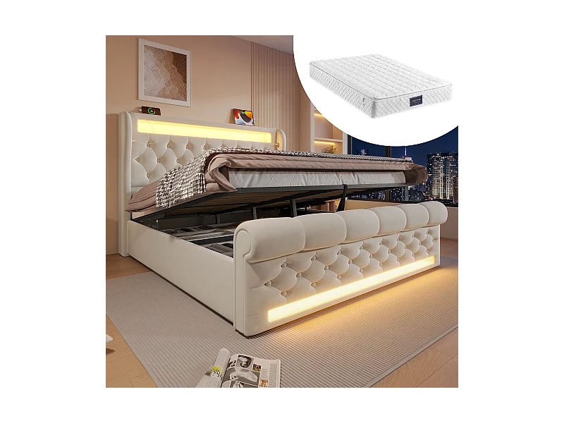 Polsterbett mit Stauraum - 160 x 200 cm - mit LEDs - Kopfteil mit Stauraum und USB - mit Matratze - Samt - Beige