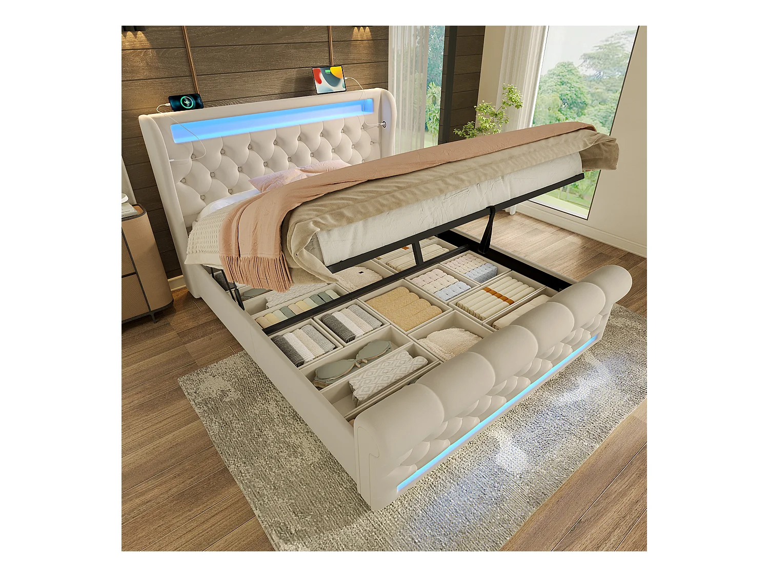 Lit coffre rembourré - 160 x 200 cm - avec Leds - tête de lit avec rangement et USB - avec matelas - velours - beige
