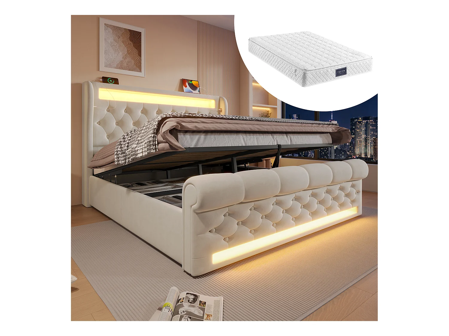 Lit coffre rembourré - 160 x 200 cm - avec Leds - tête de lit avec rangement et USB - avec matelas - velours - beige
