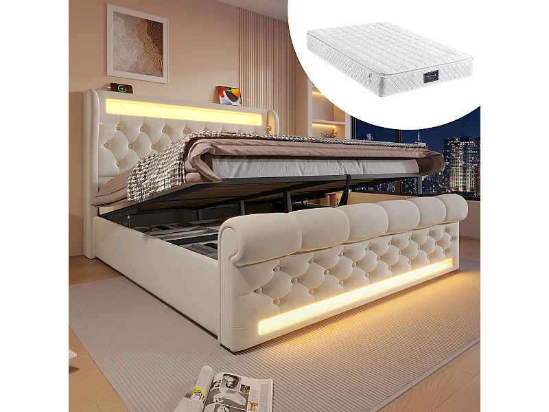 Lit coffre rembourré - 160 x 200 cm - avec Leds - tête de lit avec rangement et USB - avec matelas - velours - beige