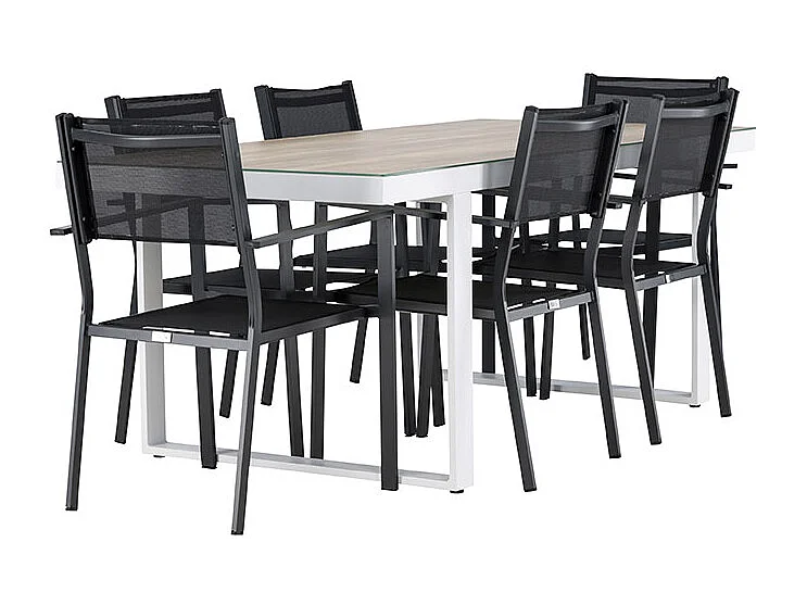 Merlo tuinmeubelset tafel 90x200cm wit, 6 stoelen zwart.