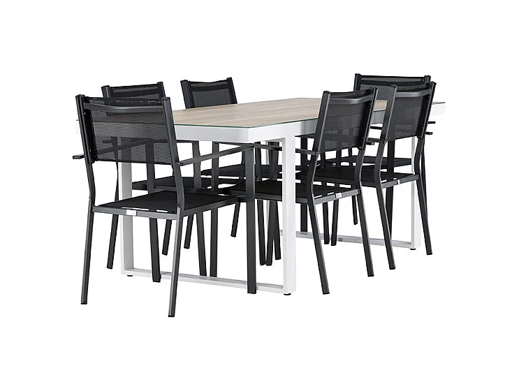 Merlo set de jardin table 90x200cm blanc, 6 chaises noires.
