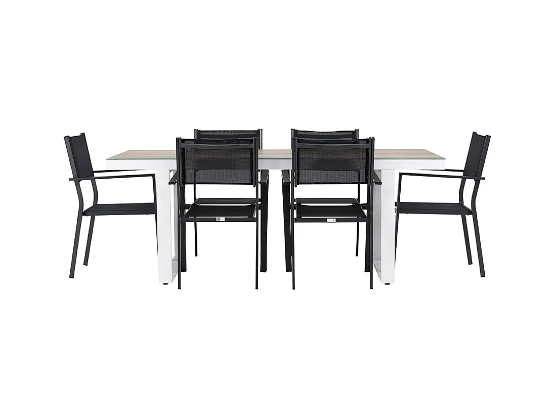 Merlo set de jardin table 90x200cm blanc, 6 chaises noires.