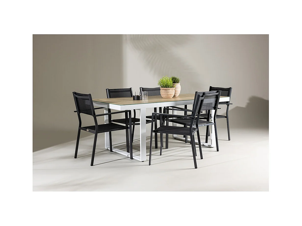 Merlo set de jardin table 90x200cm blanc, 6 chaises noires.