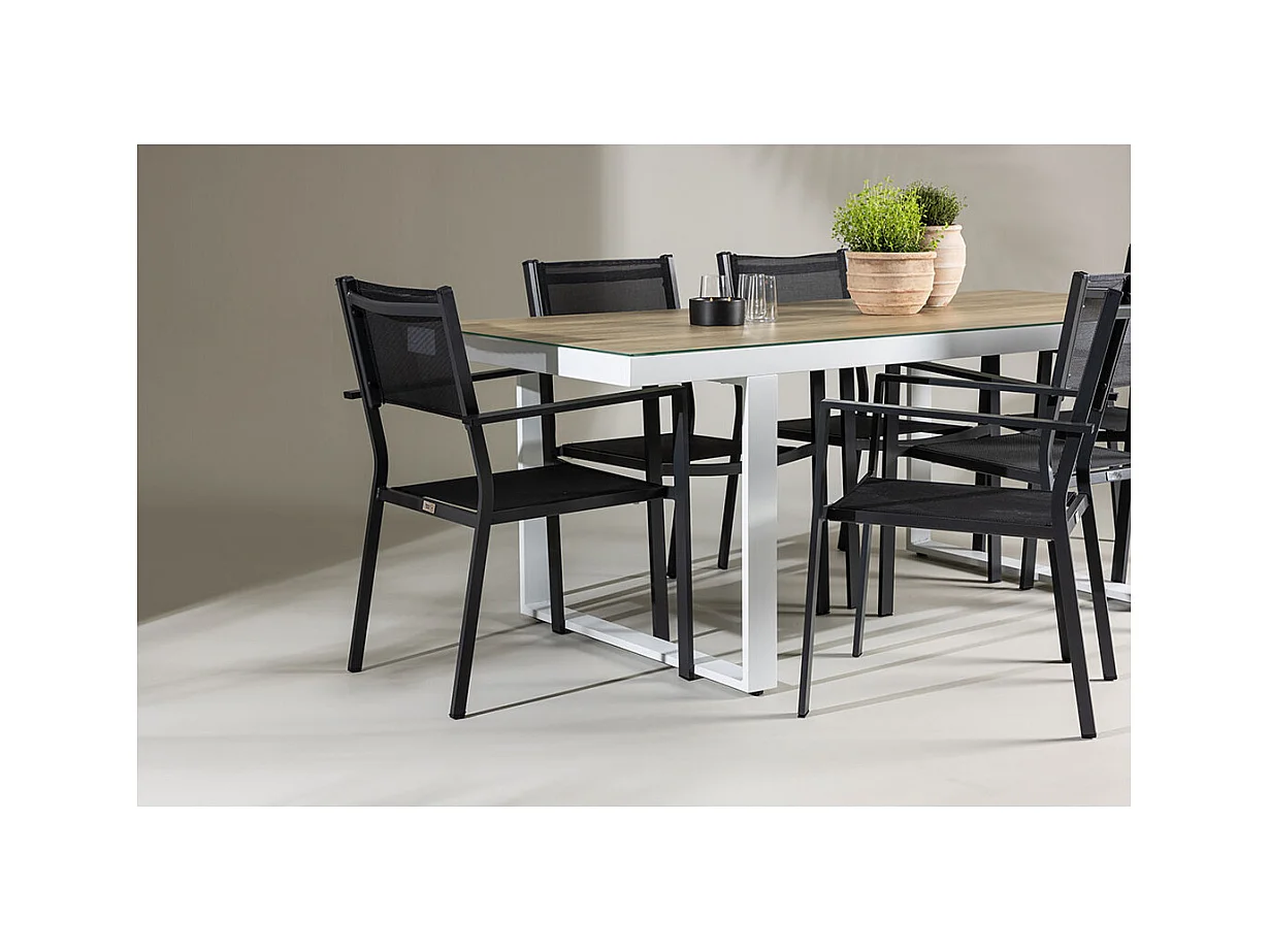 Merlo set de jardin table 90x200cm blanc, 6 chaises noires.