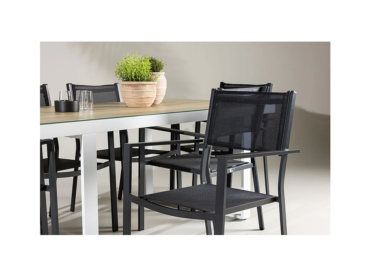Merlo set de jardin table 90x200cm blanc, 6 chaises noires.