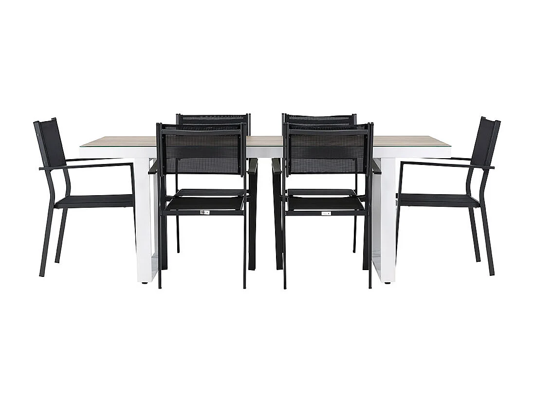 Merlo set de jardin table 90x200cm blanc, 6 chaises noires.