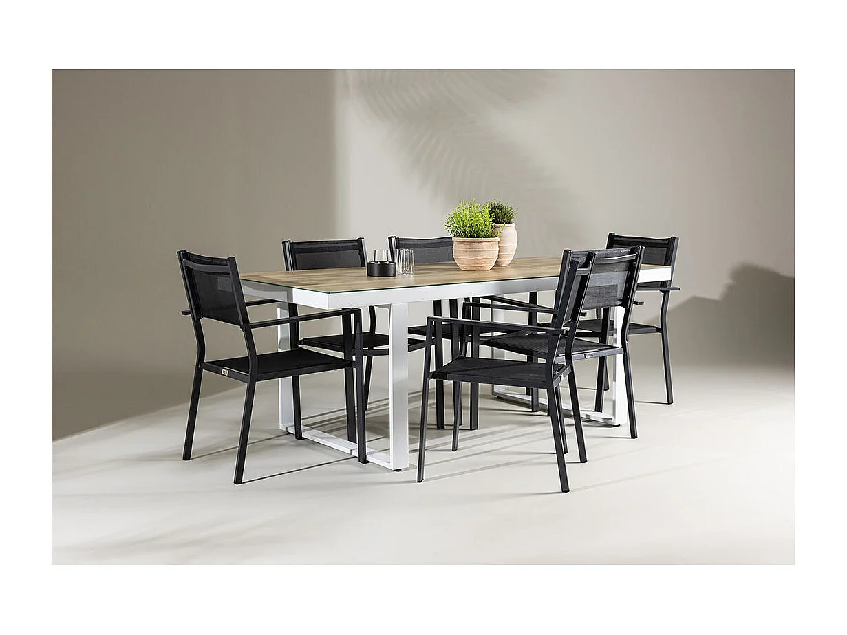 Merlo set de jardin table 90x200cm blanc, 6 chaises noires.