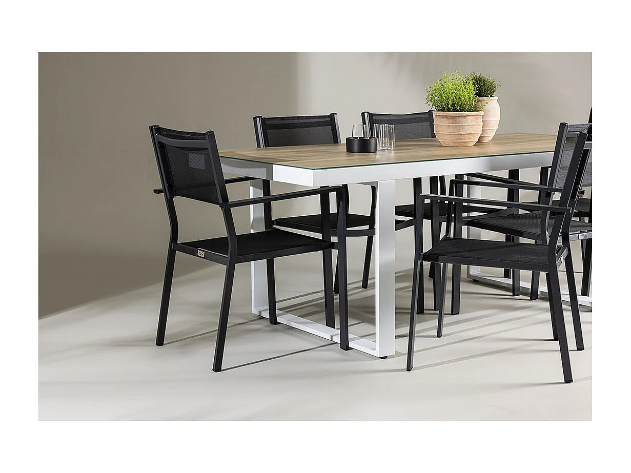 Merlo set de jardin table 90x200cm blanc, 6 chaises noires.