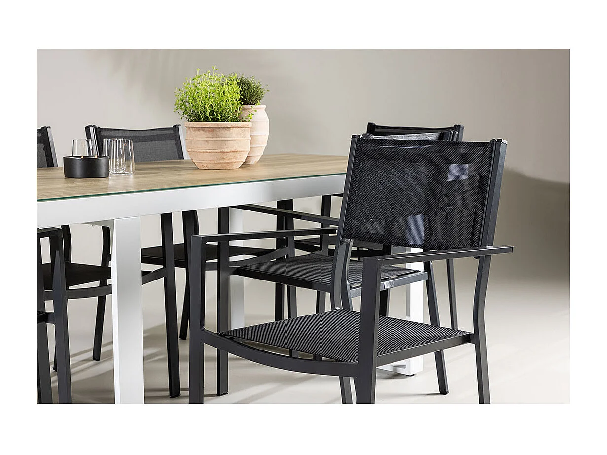 Merlo set de jardin table 90x200cm blanc, 6 chaises noires.