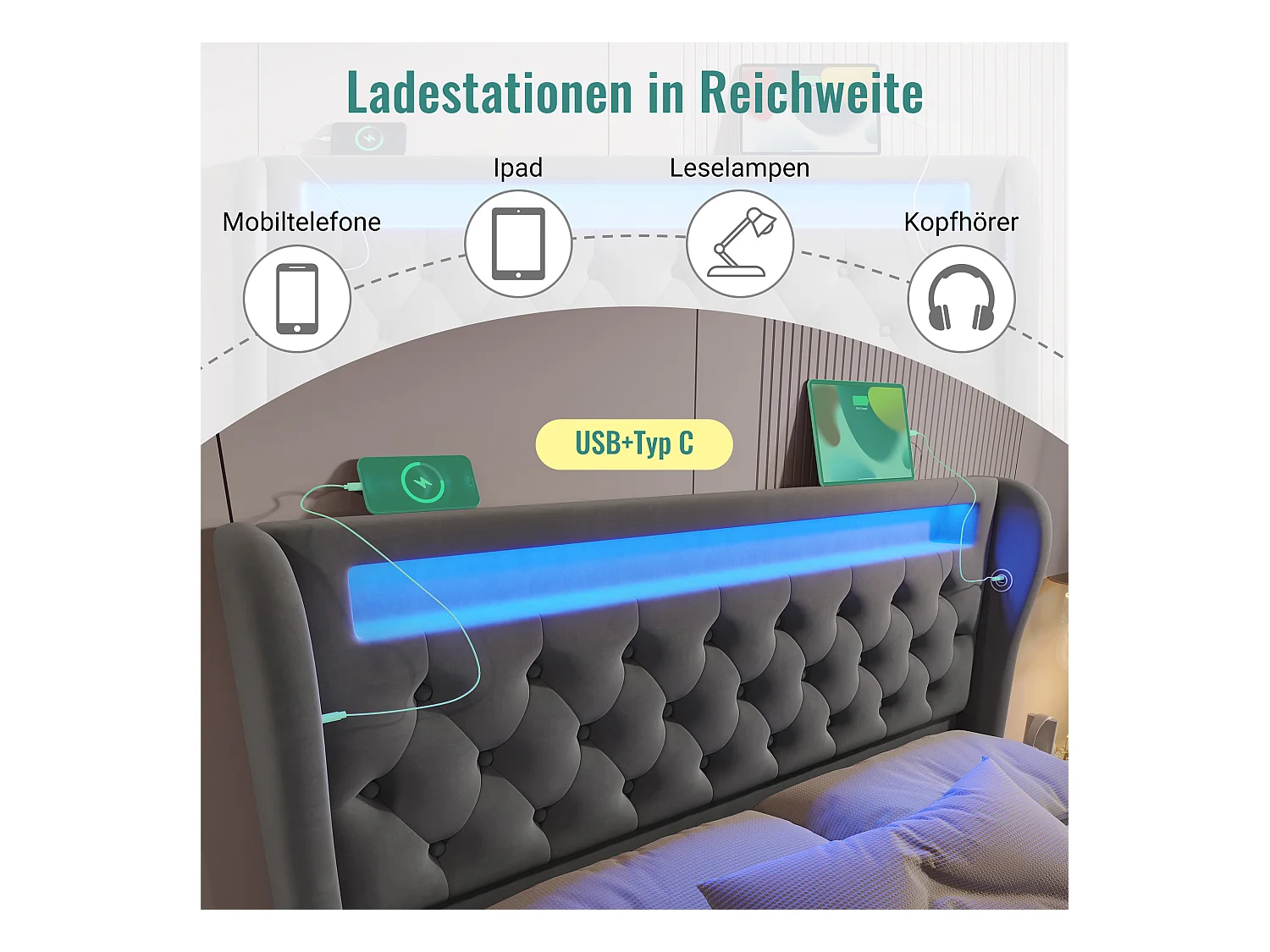 Cama con almacenaje tapizada - 140 x 200 cm - con LED - cabecero con almacenaje y USB - terciopelo - gris