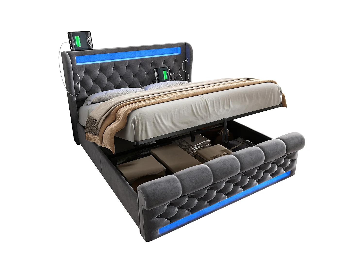 Cama con almacenaje tapizada - 140 x 200 cm - con LED - cabecero con almacenaje y USB - terciopelo - gris