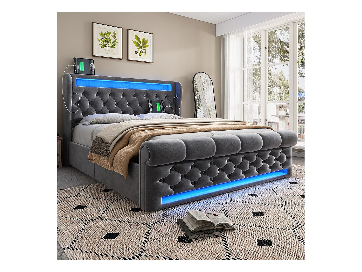 Cama con almacenaje tapizada - 140 x 200 cm - con LED - cabecero con almacenaje y USB - terciopelo - gris