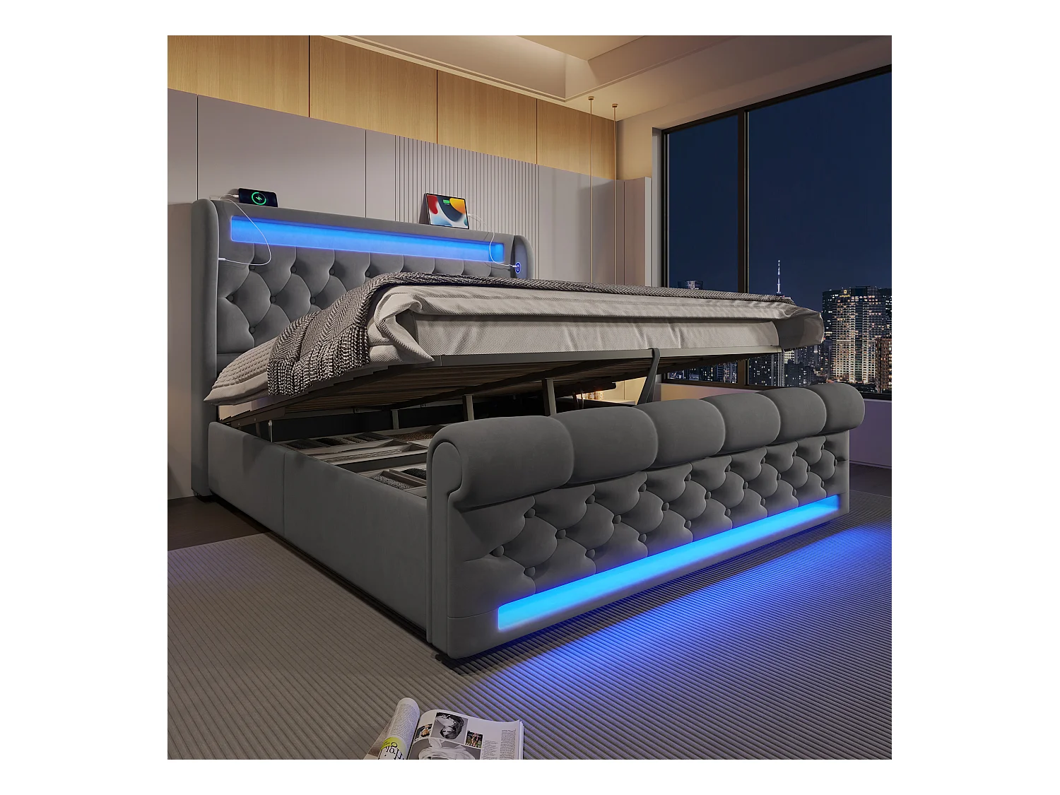 Cama con almacenaje tapizada - 140 x 200 cm - con LED - cabecero con almacenaje y USB - terciopelo - gris