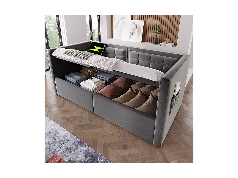 Canapé-lit capitonné - 90 x 190 cm - avec rangement hydraulique + USB & Type-C - velours - gris
