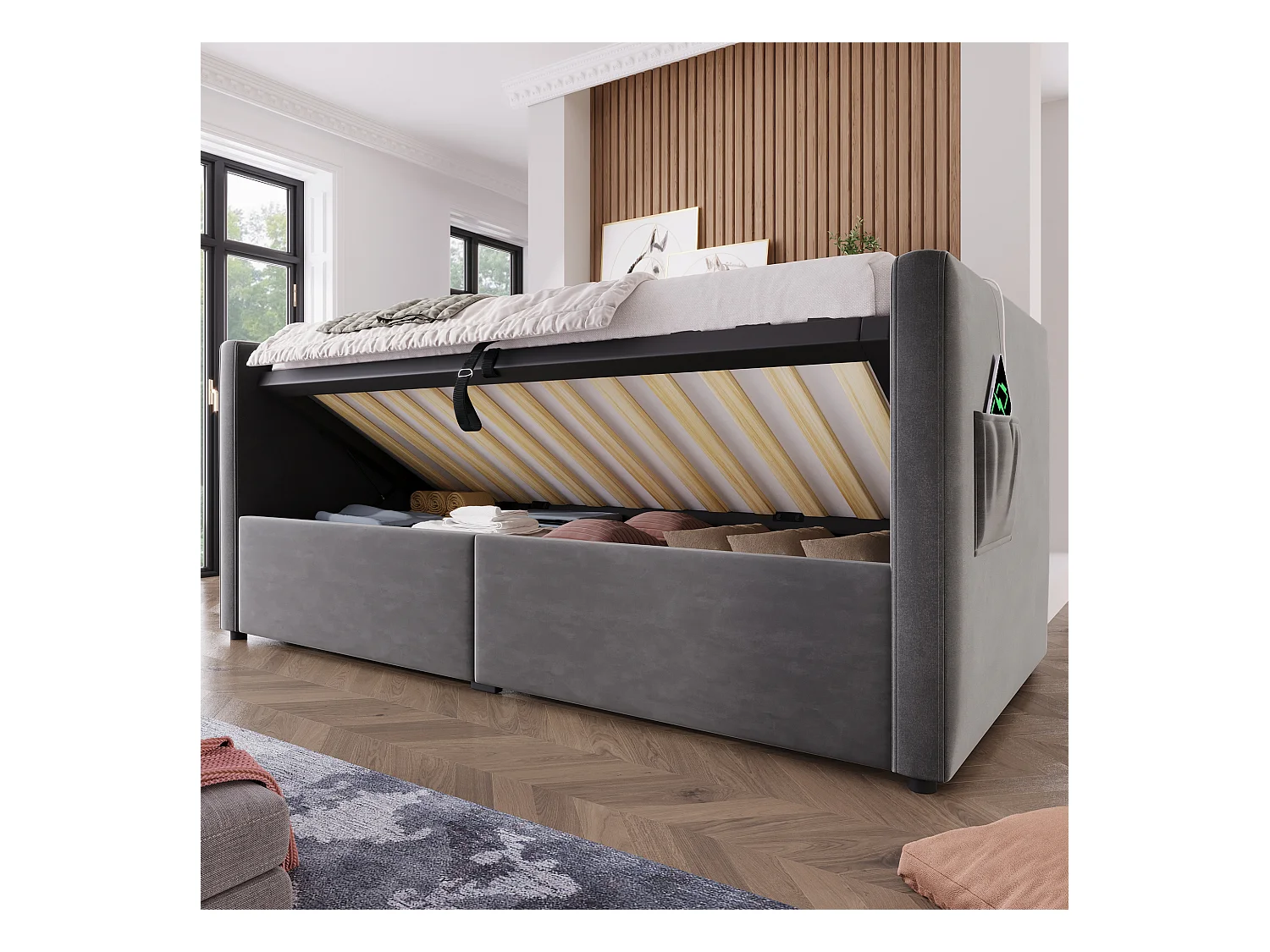 Sofá-cama estofado - 90 x 190 cm - com armazenamento hidráulico + USB e Tipo C - veludo - cinza