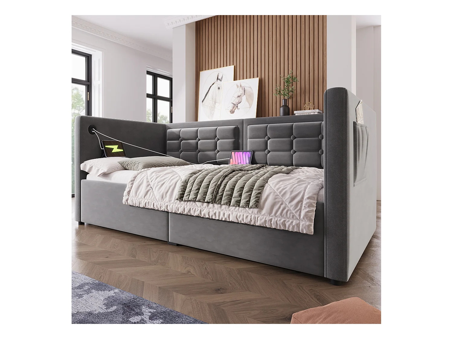 Canapé-lit capitonné - 90 x 190 cm - avec rangement hydraulique + USB & Type-C - velours - gris