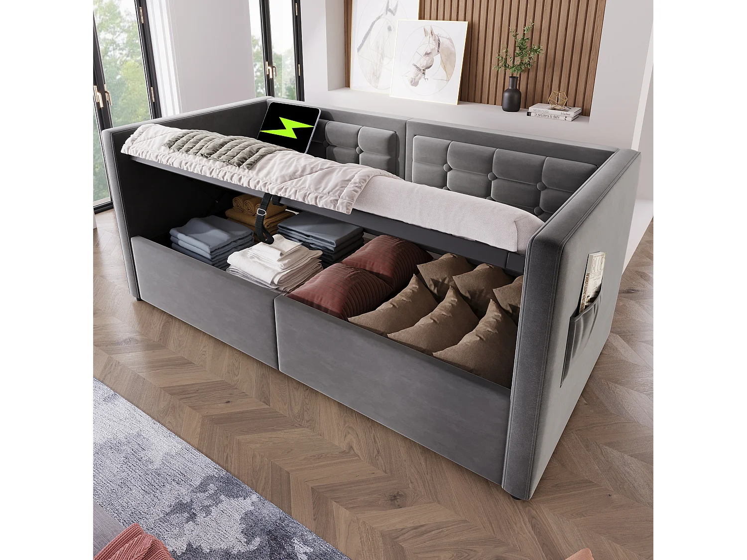 Canapé-lit capitonné - 90 x 190 cm - avec rangement hydraulique + USB & Type-C - velours - gris