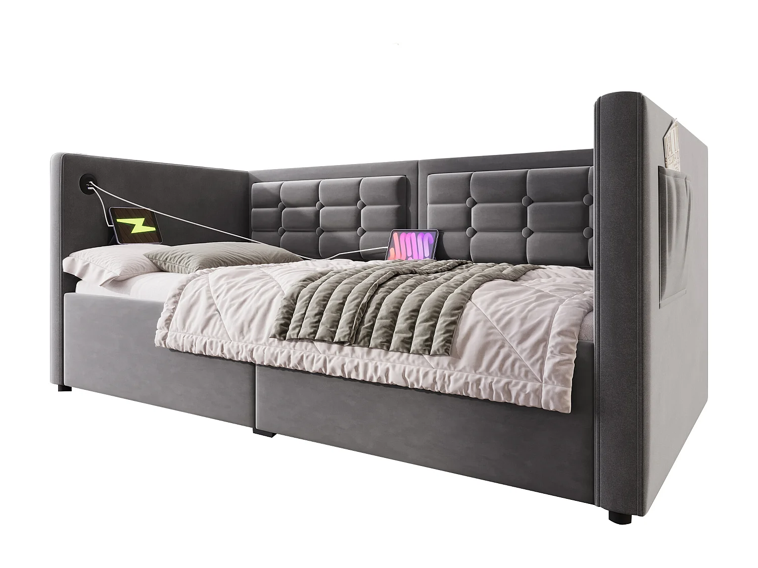 Canapé-lit capitonné - 90 x 190 cm - avec rangement hydraulique + USB & Type-C - velours - gris