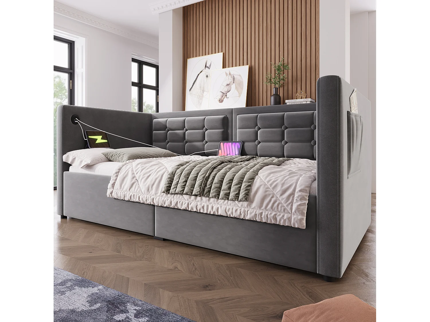 Canapé-lit capitonné - 90 x 190 cm - avec rangement hydraulique + USB & Type-C - velours - gris